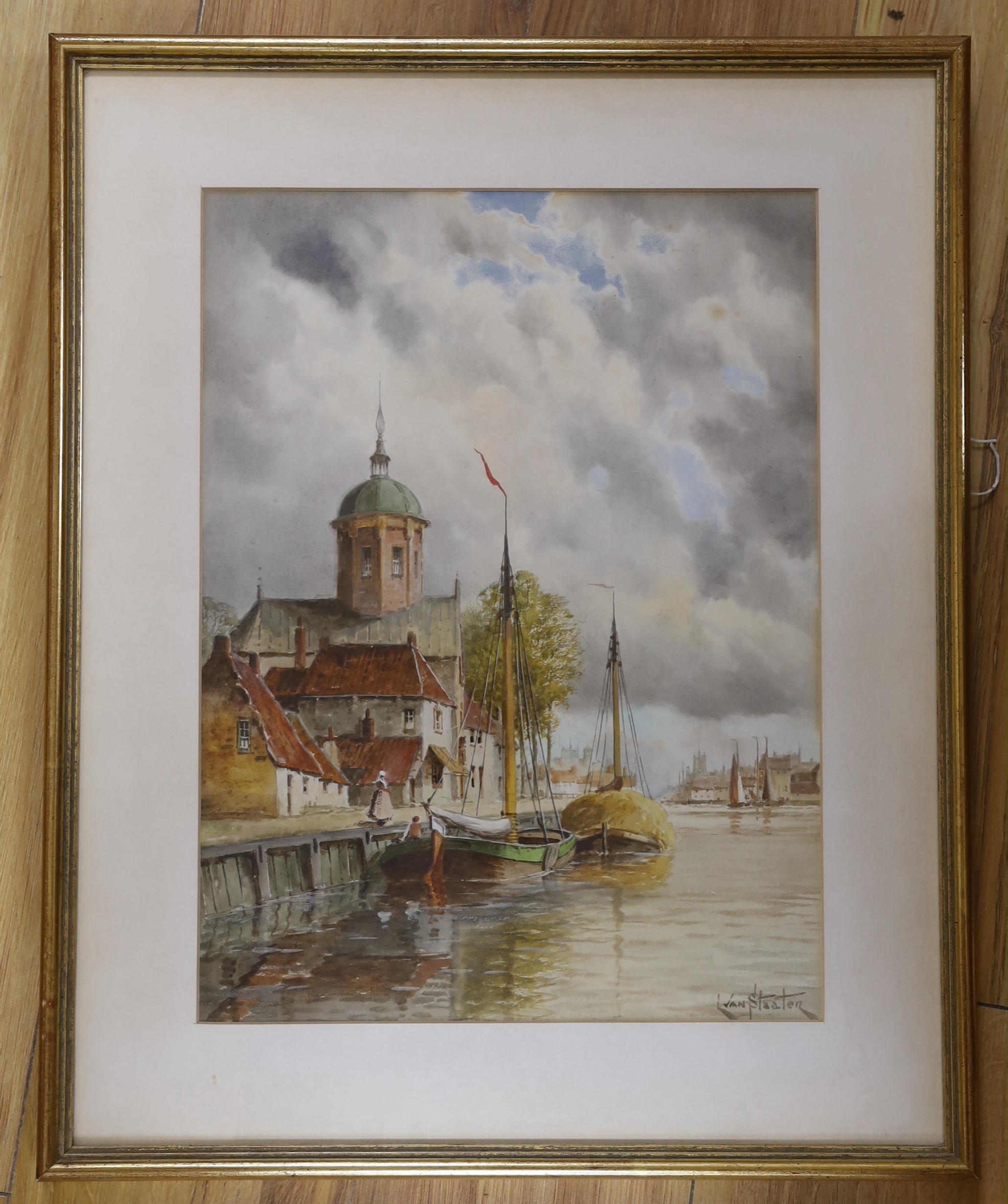 Louis Van Staaten (1859-1924), watercolour, Dutch canal scene, signed, 39 x 29cm